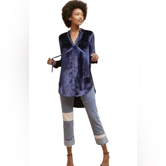Maeve Anthropologie Blue Crushed Velvet Tunic Tie-Neck Size 2 Fairy Whimsigoth - Picture 3 of 9